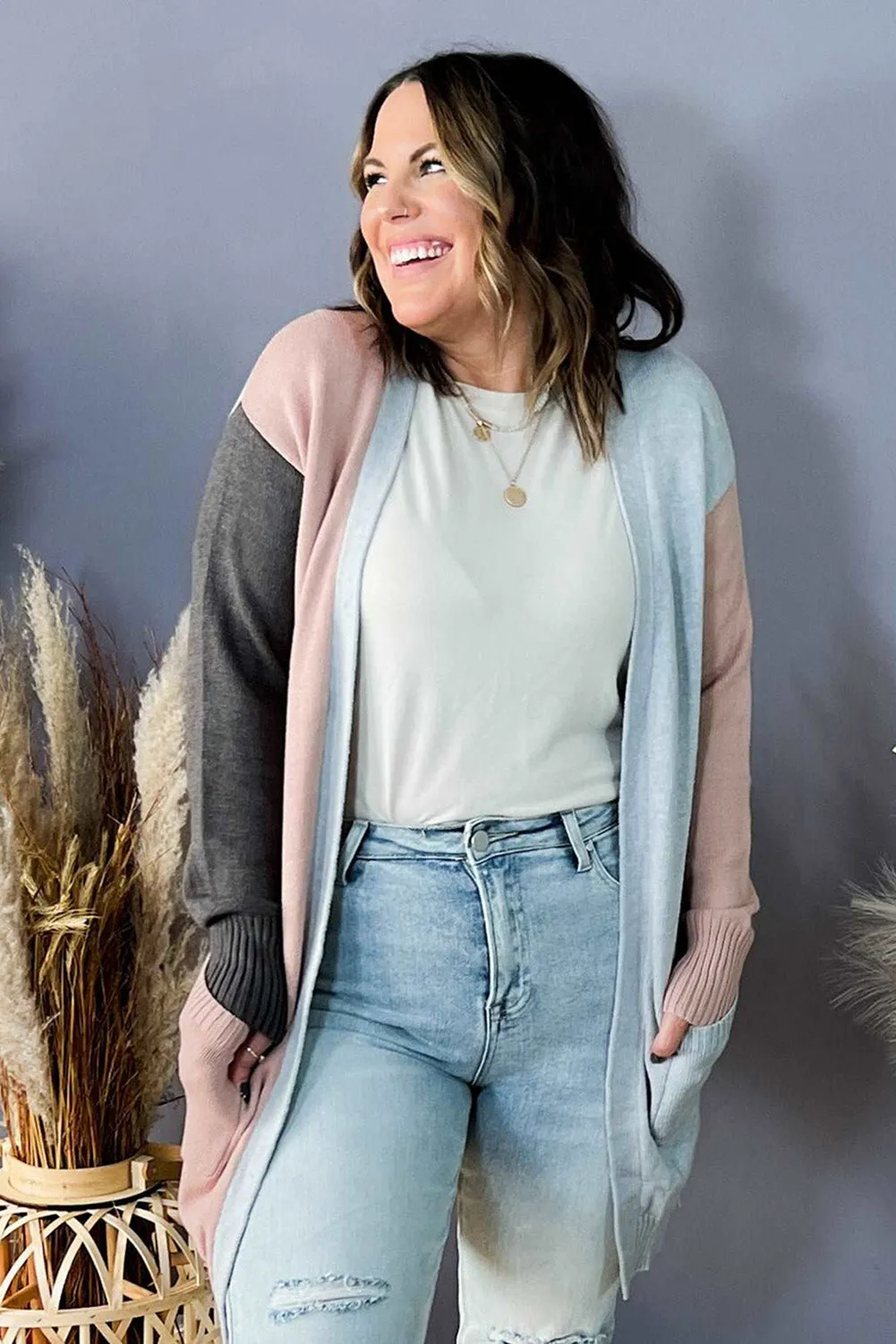 Multicolor Plus Size Colorblock Pocketed Cardigan