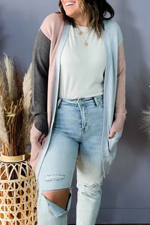 Multicolor Plus Size Colorblock Pocketed Cardigan