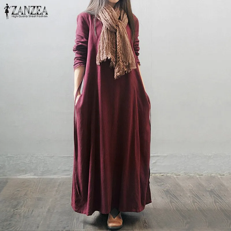 New Oversized ZANZEA Women Vintage Long Maxi Dress Long Sleeve Buttons Pockets Casual Loose Solid Elegant Dress Vestidos, Sz L!