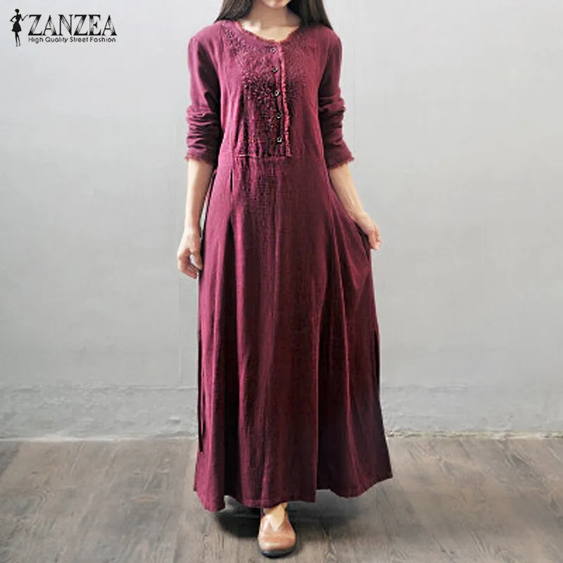 New Oversized ZANZEA Women Vintage Long Maxi Dress Long Sleeve Buttons Pockets Casual Loose Solid Elegant Dress Vestidos, Sz L!