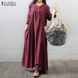 New Oversized ZANZEA Women Vintage Long Maxi Dress Long Sleeve Buttons Pockets Casual Loose Solid Elegant Dress Vestidos, Sz L!