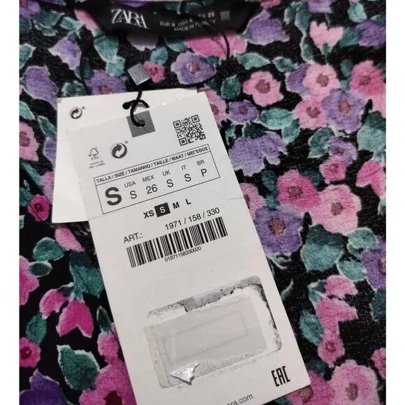New Zara womens floral long sleeve purple pink mini dress size S