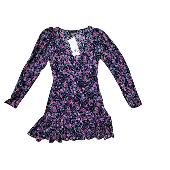 New Zara womens floral long sleeve purple pink mini dress size S