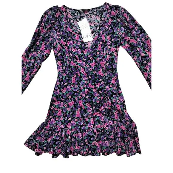 New Zara womens floral long sleeve purple pink mini dress size S