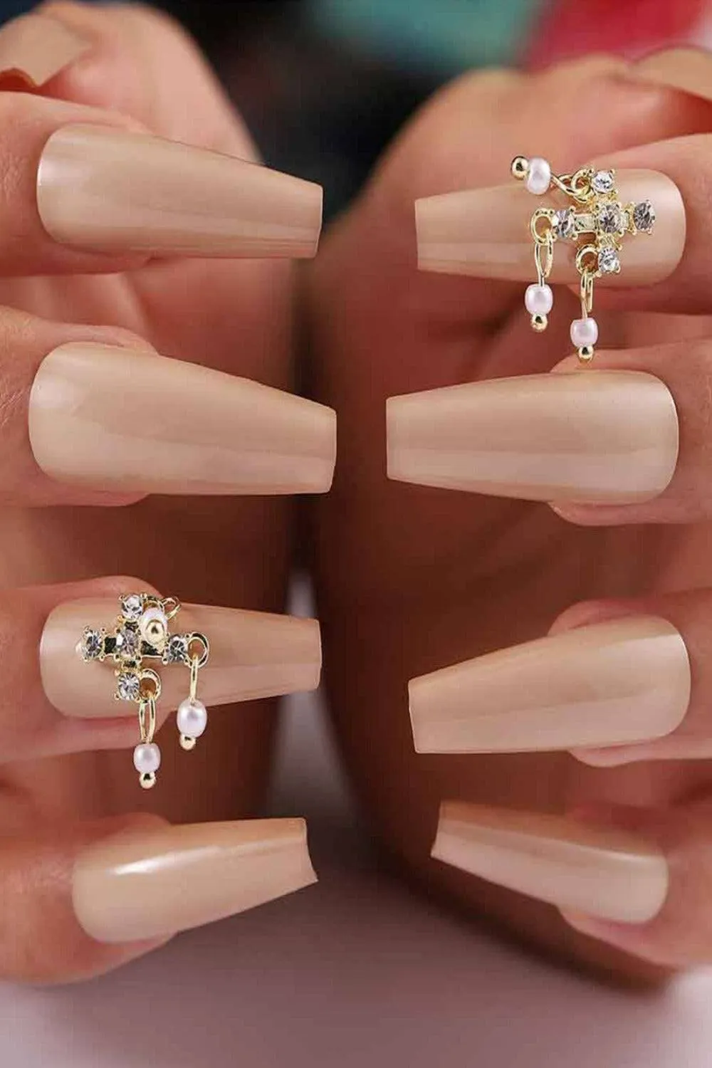Nude Press On Nails Coffin Tip Pearl Nails Kit