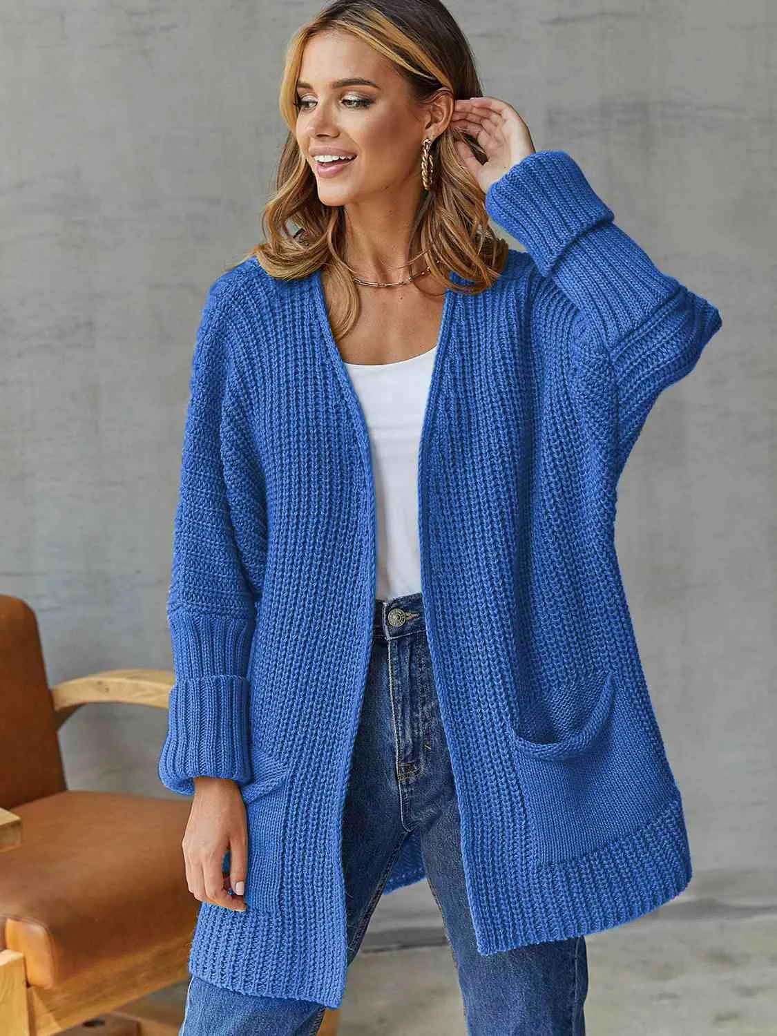 Open Front Long Sleeve Cardigan with Pockets