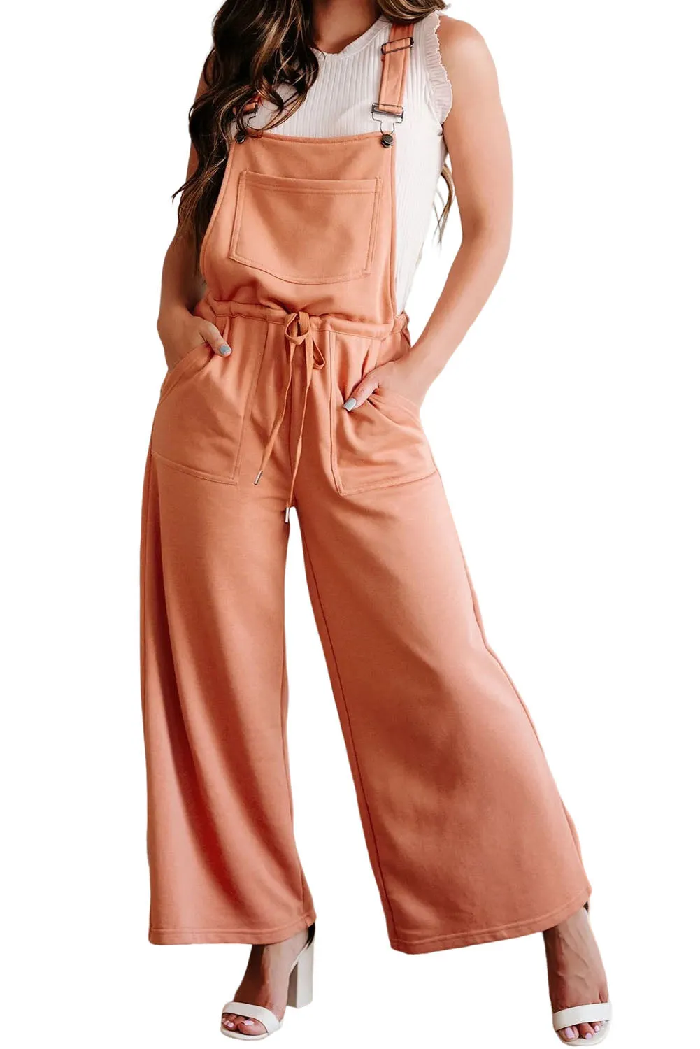 Orange Yellow Pocketed Drawstring Wide Leg Overalls