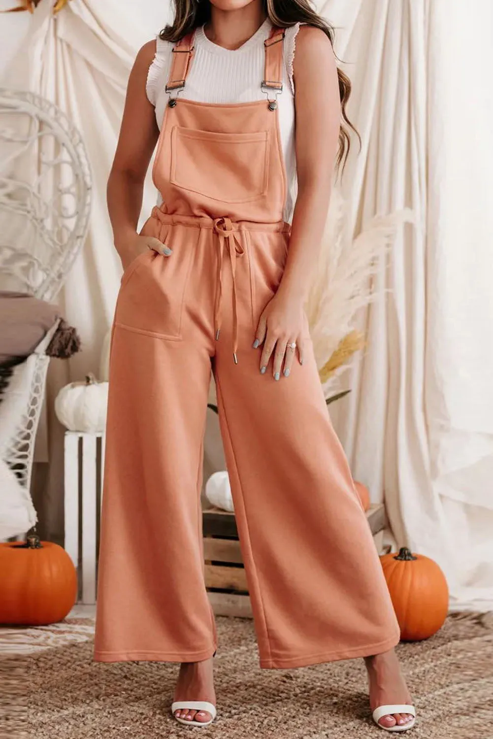 Orange Yellow Pocketed Drawstring Wide Leg Overalls