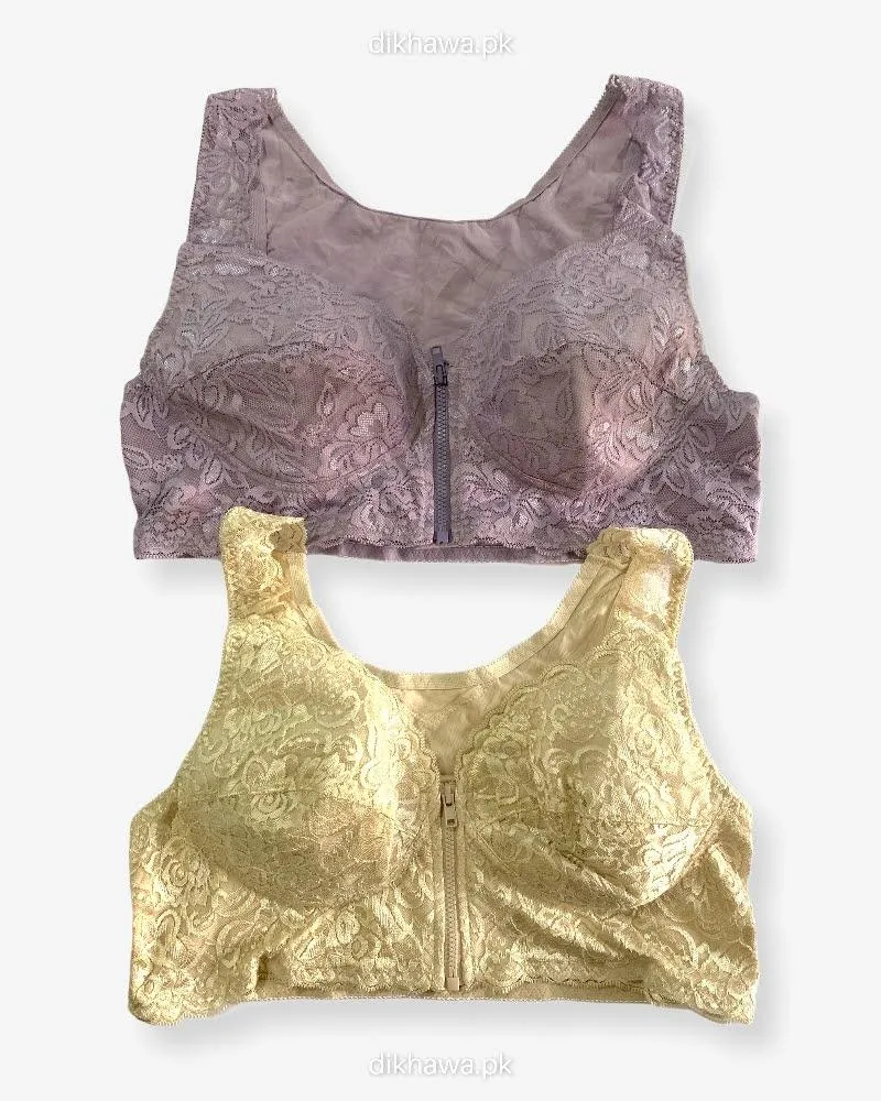 Pack of 2 - Front Open Bra With Button - Non Padded  Non Wired Bra Imported Stocklot Branded Front Open Bra