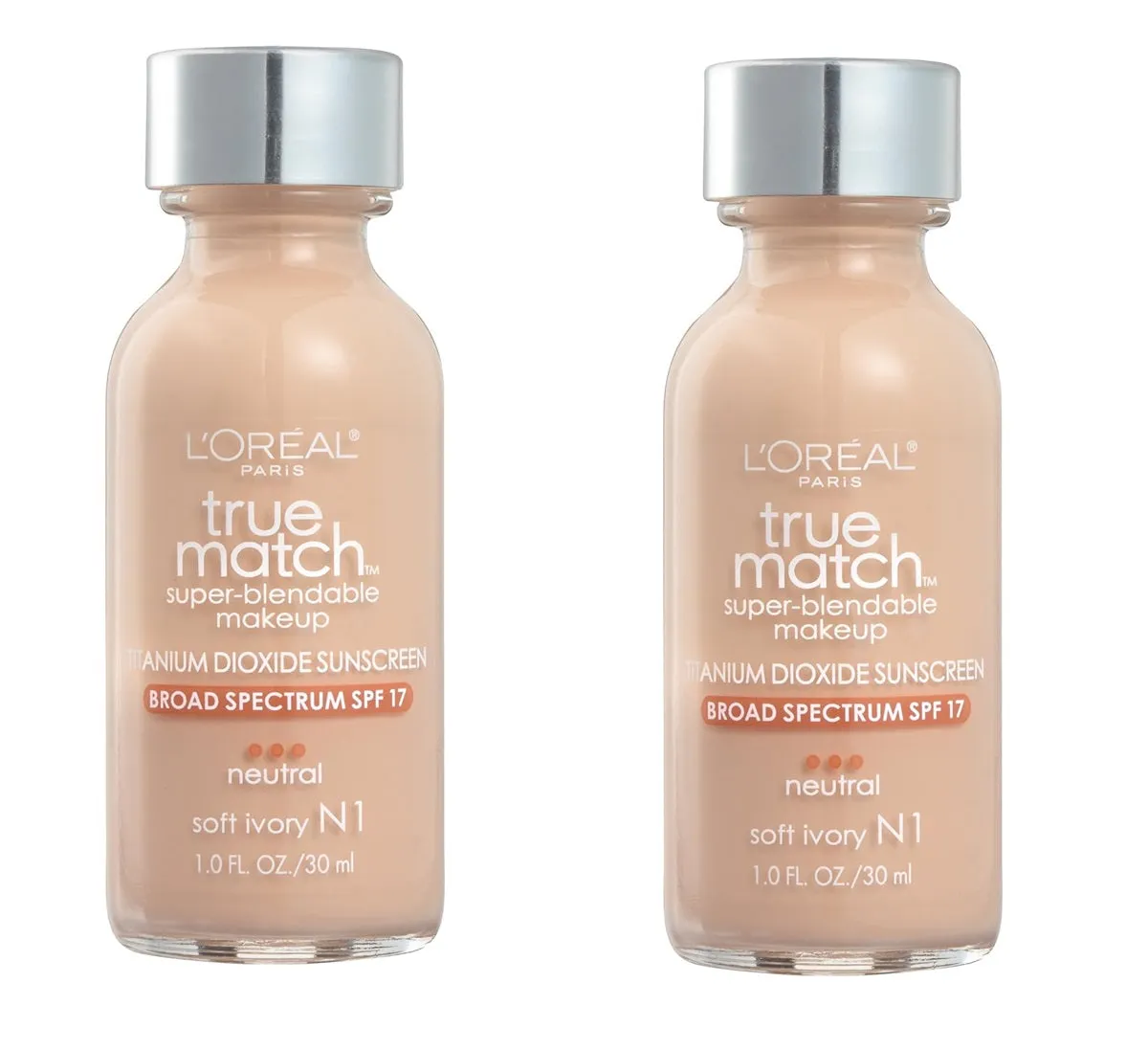 Pack of 2 L'Oreal Paris Makeup True Match Super-Blendable Liquid Foundation, Soft Ivory n1