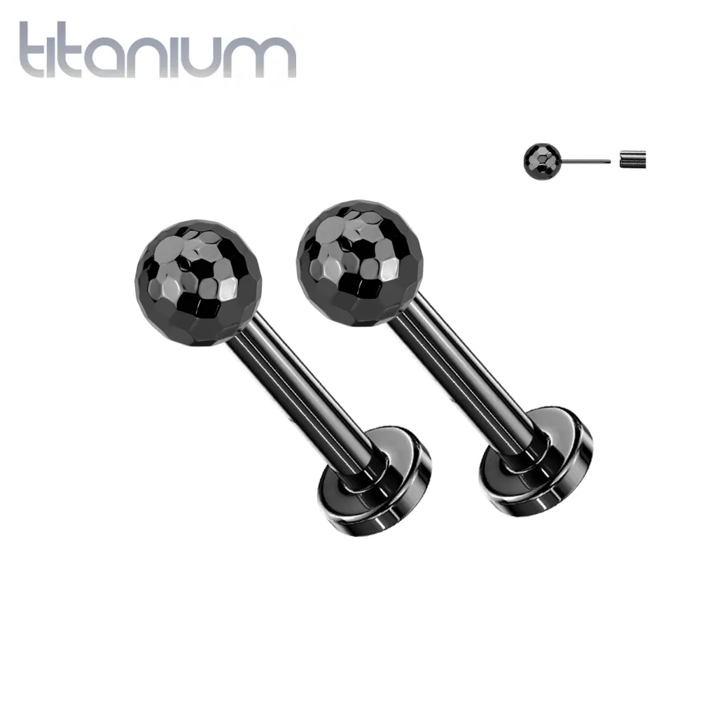 Pair of Implant Grade Titanium Black PVD Glitter Ball Threadless Push In Earrings With Flat Back