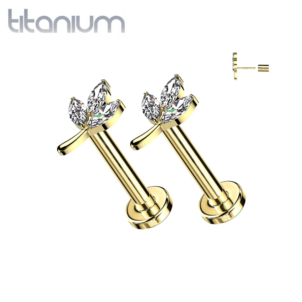 Pair of Implant Grade Titanium Gold PVD White CZ Leaf Threadless Push In Earrings With Flat Back