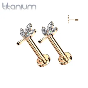 Pair of Implant Grade Titanium Rose Gold PVD White CZ Leaf Threadless Push In Earrings With Flat Back