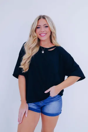 Pelia Distressed Pocketed Crop Tee - Black
