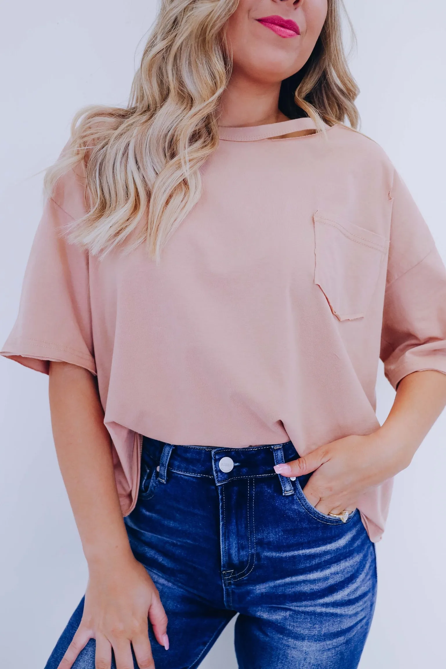 Pelia Distressed Pocketed Crop Tee - Taupe