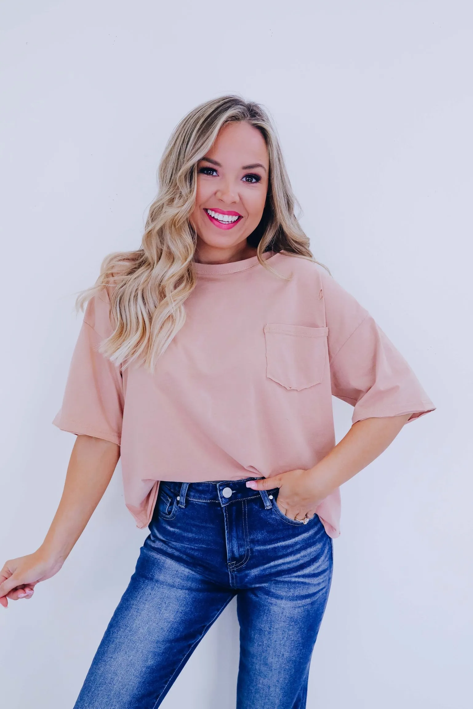 Pelia Distressed Pocketed Crop Tee - Taupe