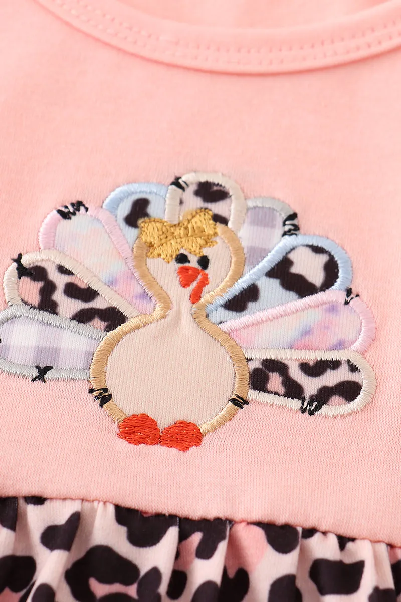 Pink leopard turkey applique girl dress