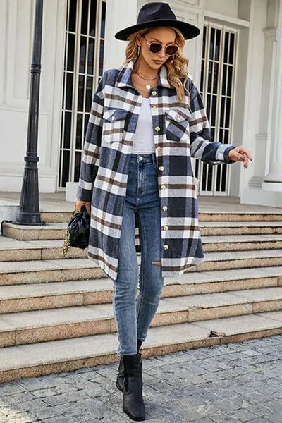 Plaid Button Up Collared Neck Coat with Pockets