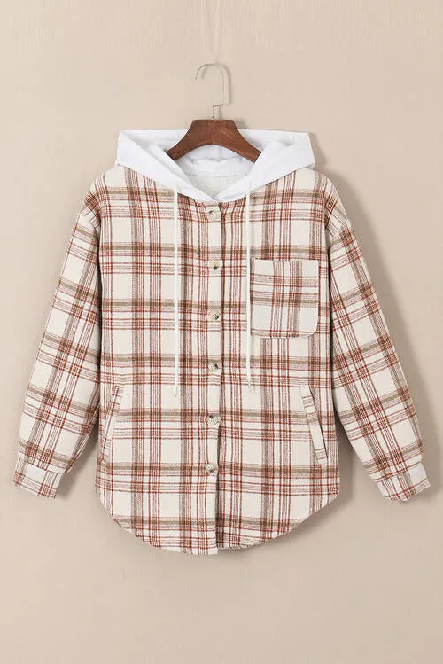 Plaid Drawstring Button Up Long Sleeve Hooded Jacket