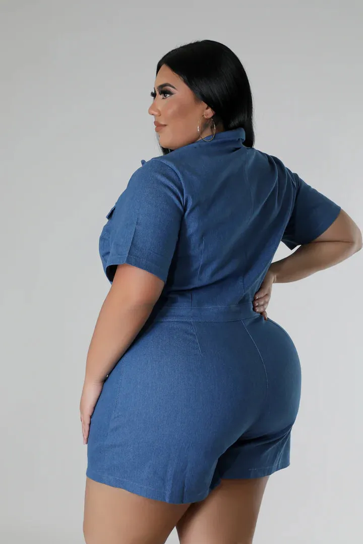 Plus   Curve Denim Collar Pocketed Short Sleeve Romper