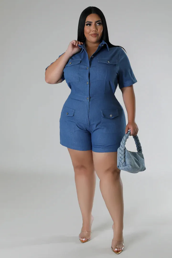 Plus   Curve Denim Collar Pocketed Short Sleeve Romper