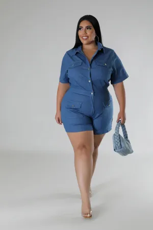 Plus   Curve Denim Collar Pocketed Short Sleeve Romper