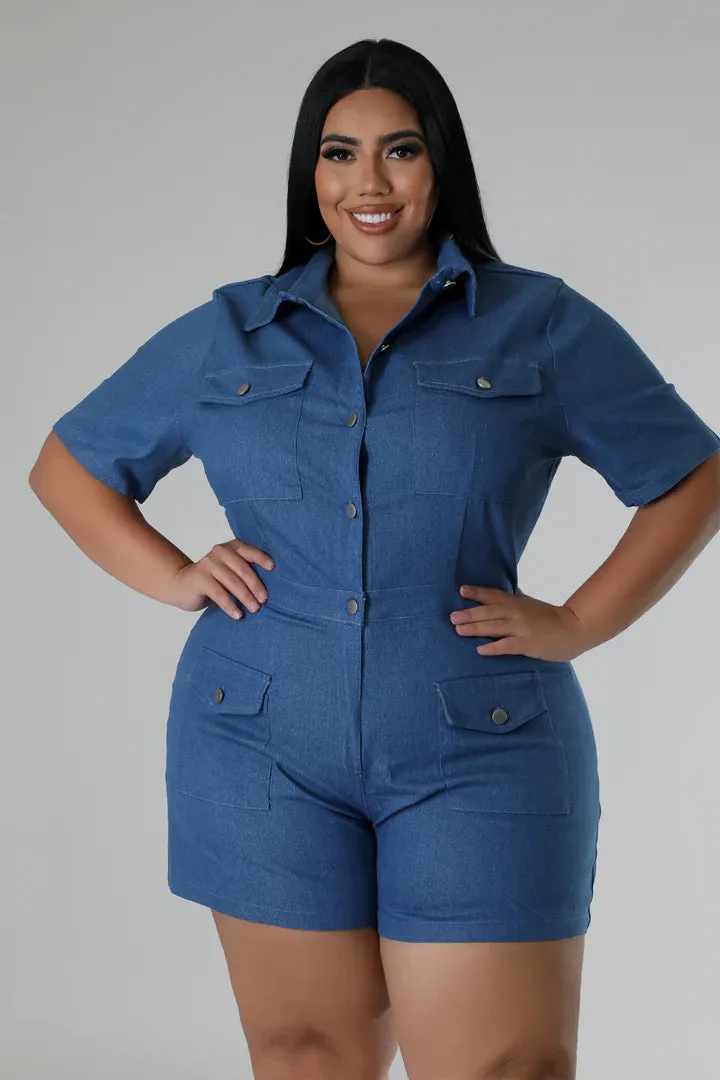 Plus   Curve Denim Collar Pocketed Short Sleeve Romper