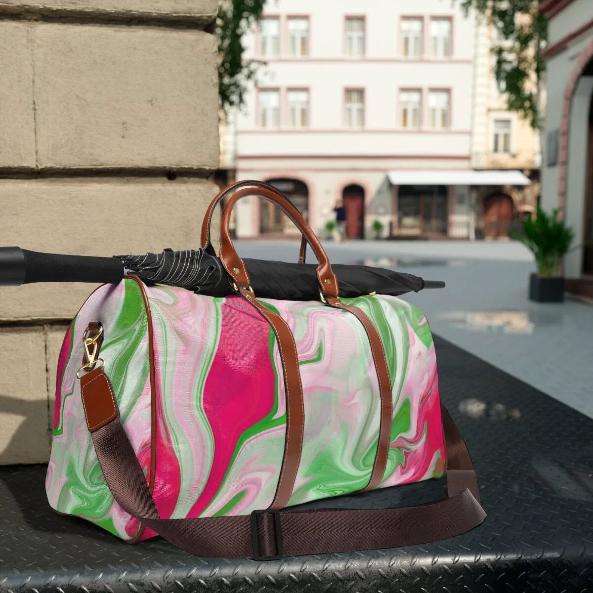 PNK Watercolor Pink & Green Waterproof Travel Bag