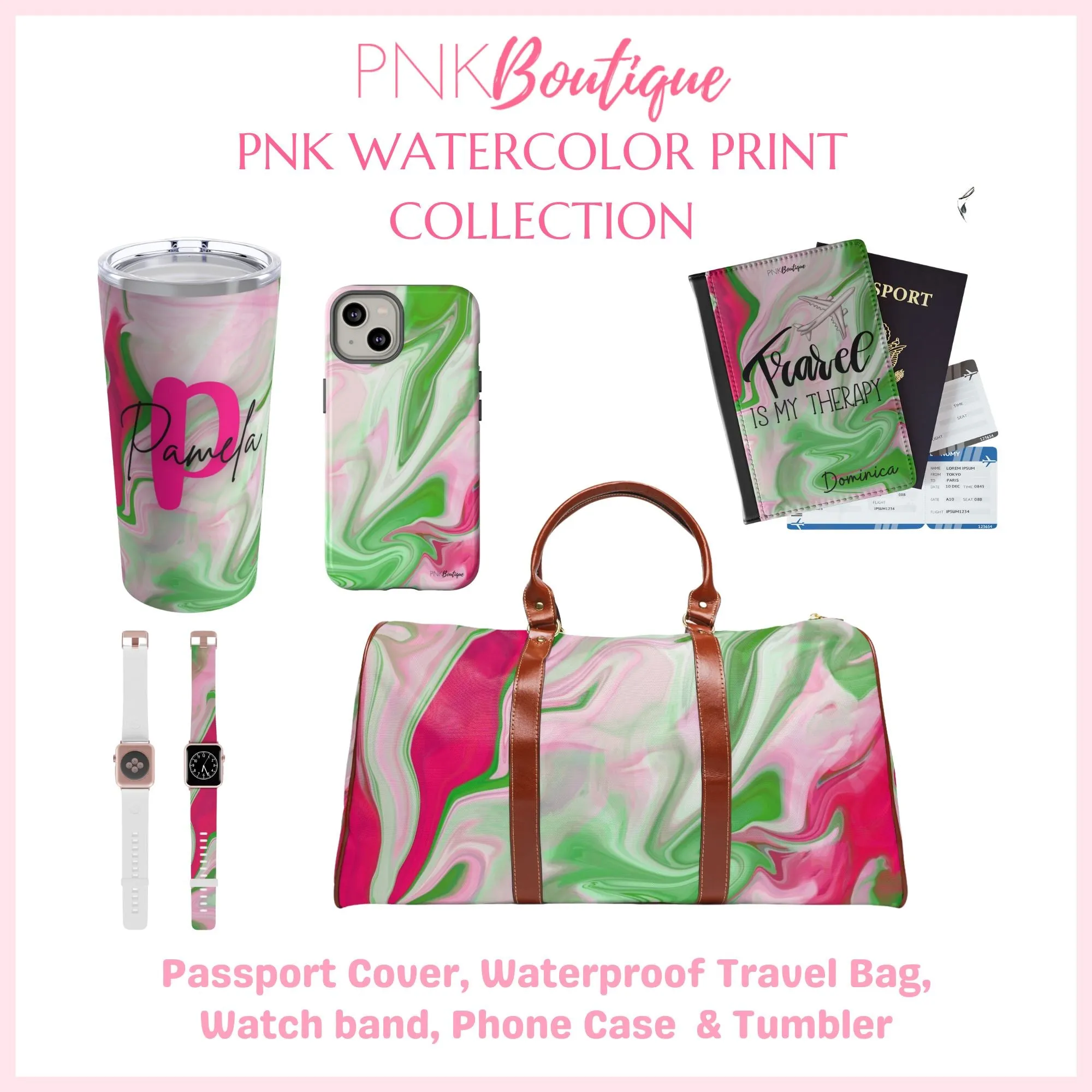PNK Watercolor Pink & Green Waterproof Travel Bag