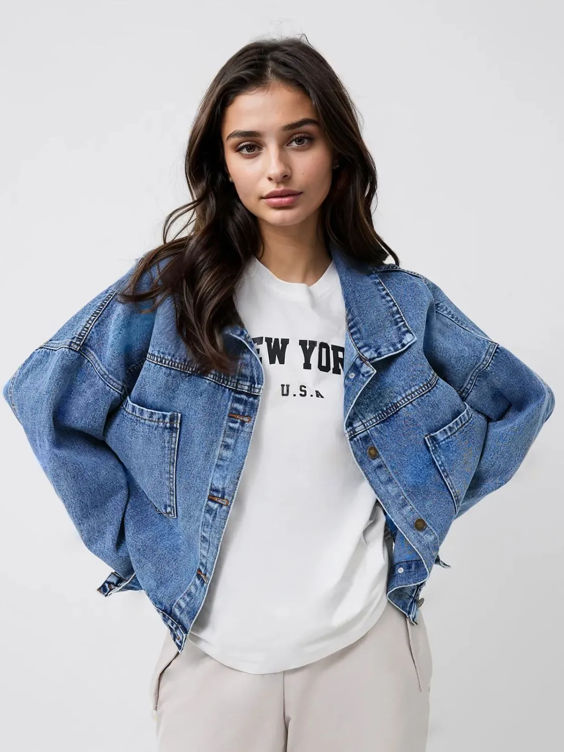 Pocketed Button Up Long Sleeve Denim Jacket