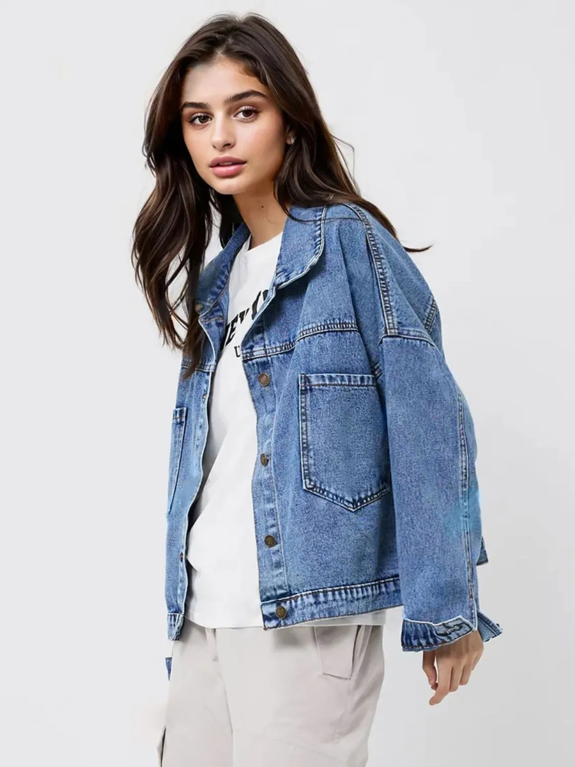 Pocketed Button Up Long Sleeve Denim Jacket