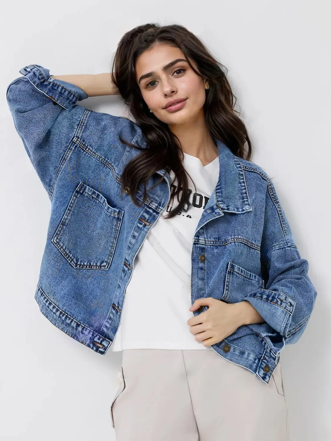 Pocketed Button Up Long Sleeve Denim Jacket