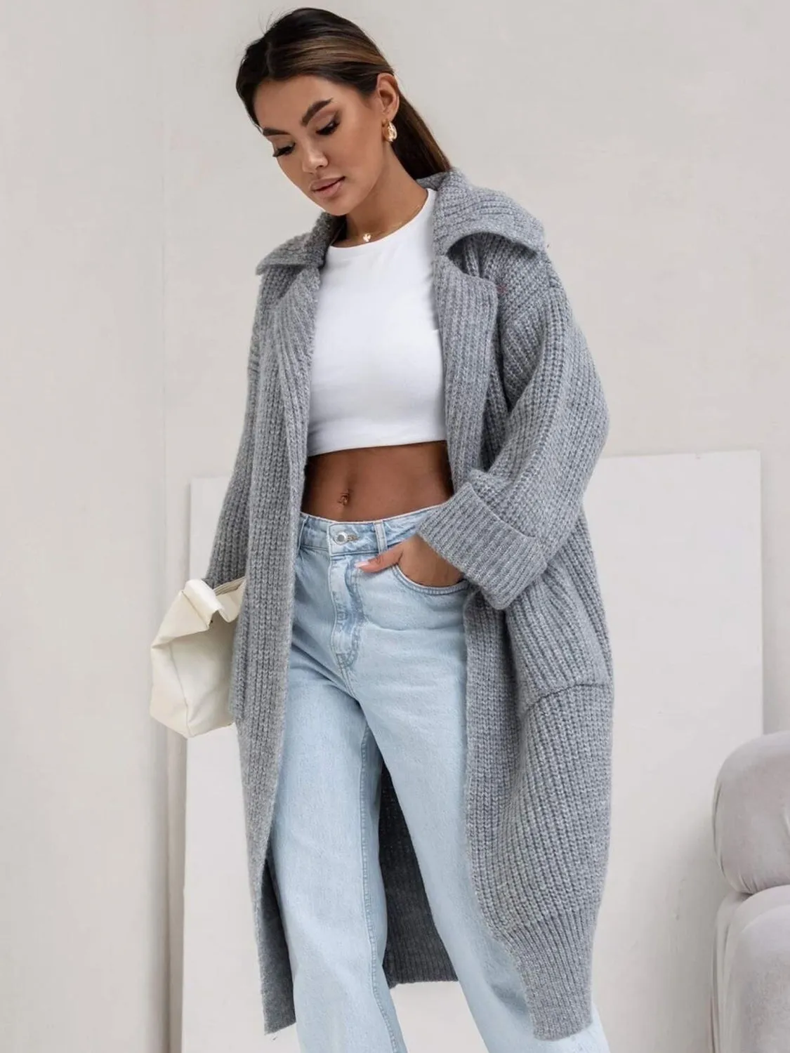 Pocketed Dropped Shoulder Cardigan