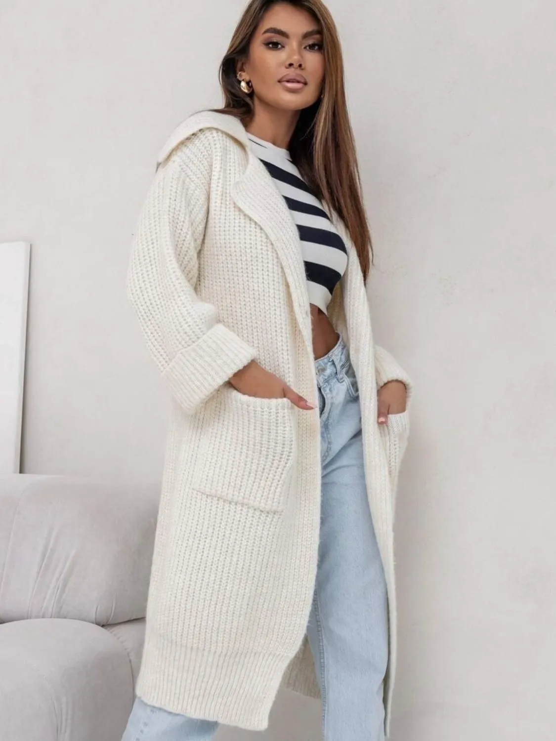 Pocketed Dropped Shoulder Cardigan