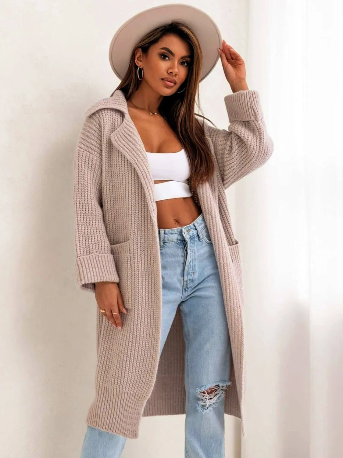 Pocketed Dropped Shoulder Cardigan