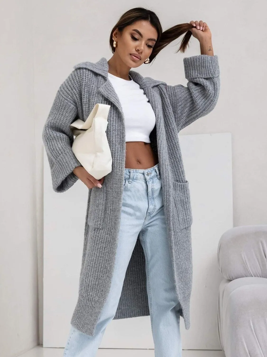 Pocketed Dropped Shoulder Cardigan