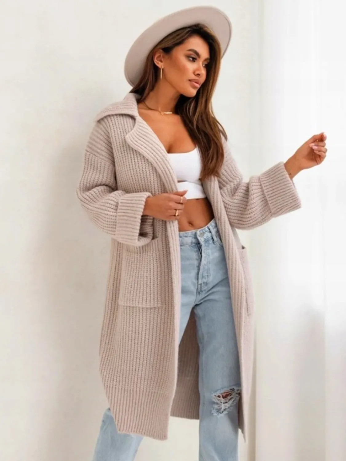 Pocketed Dropped Shoulder Cardigan