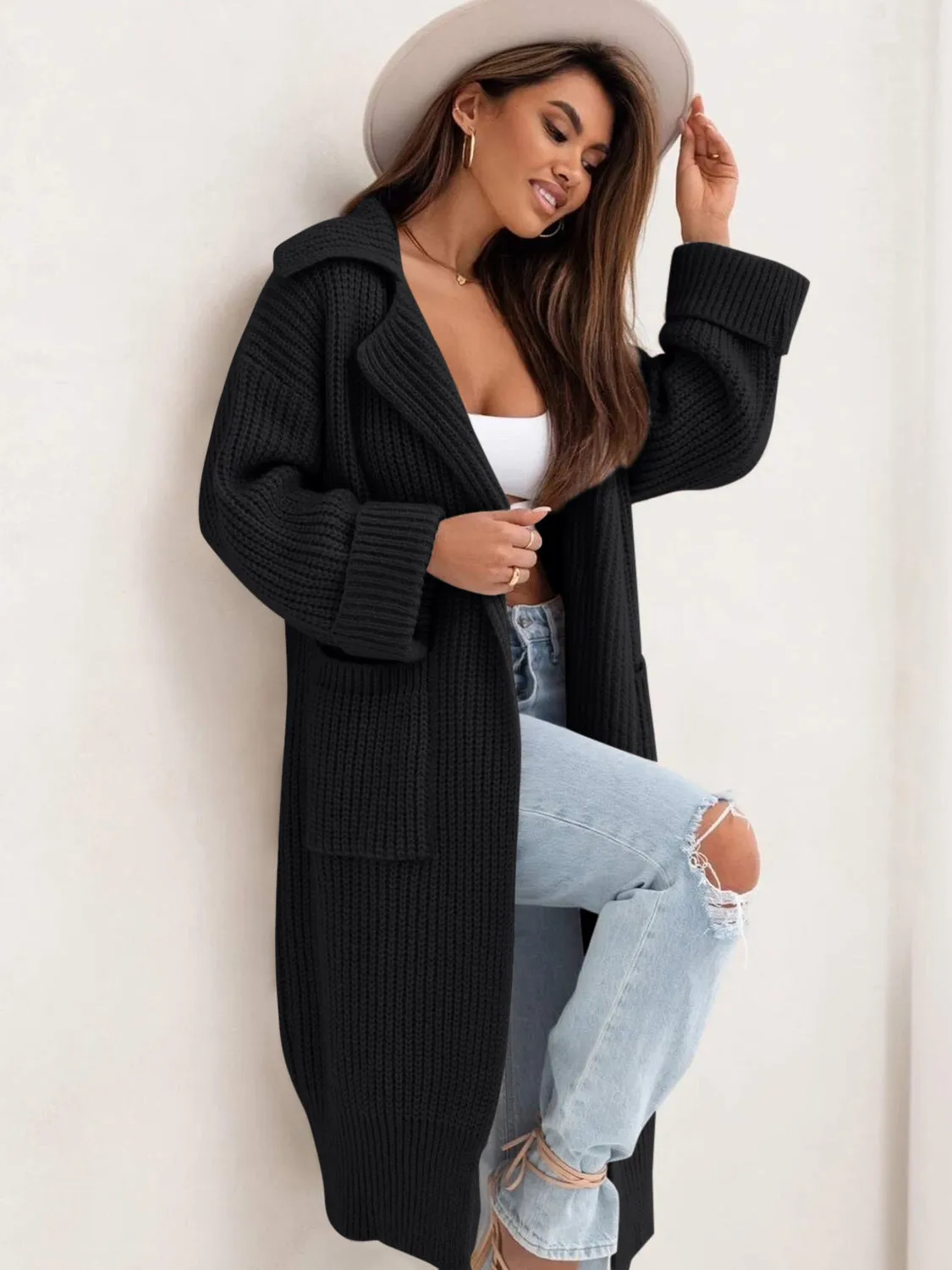 Pocketed Dropped Shoulder Cardigan