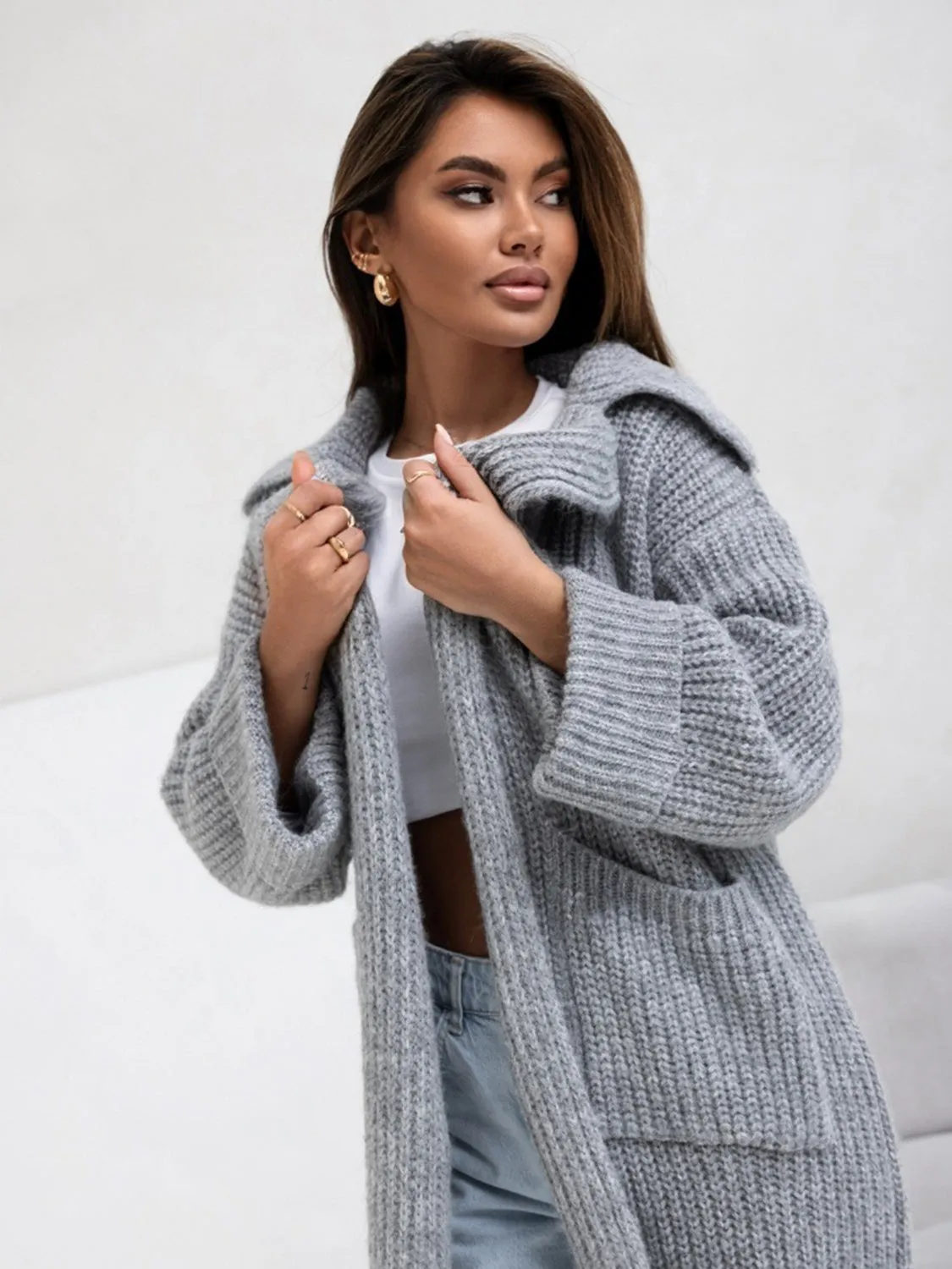 Pocketed Dropped Shoulder Cardigan