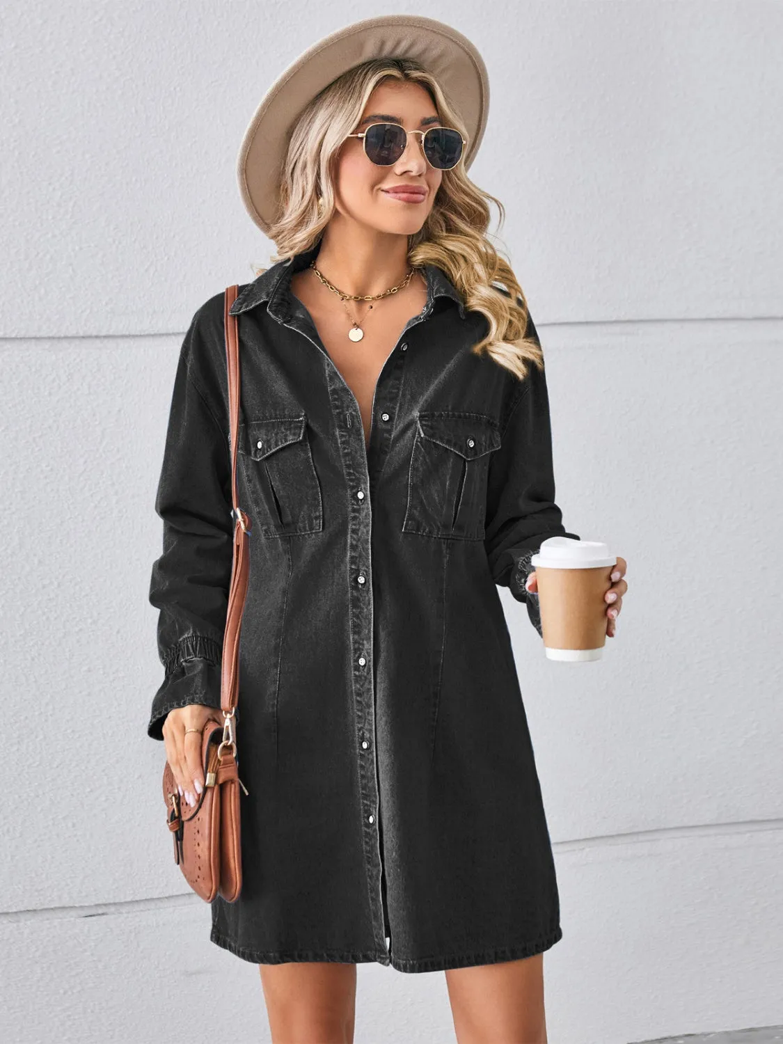Pocketed Dropped Shoulder Mini Denim Dress (2 Colors)