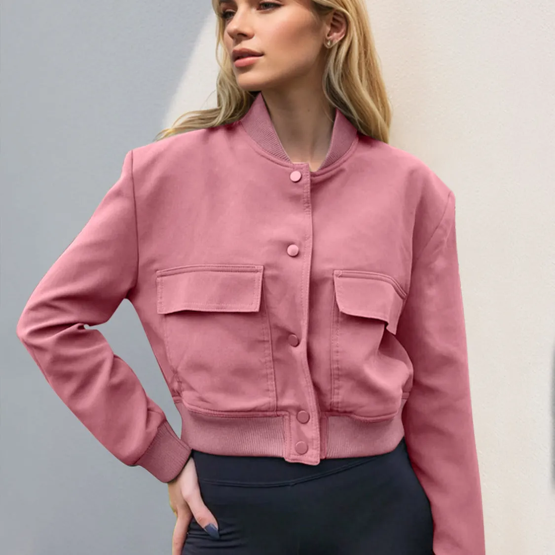 Pocketed Snap Down Baseball Collar Jacket
