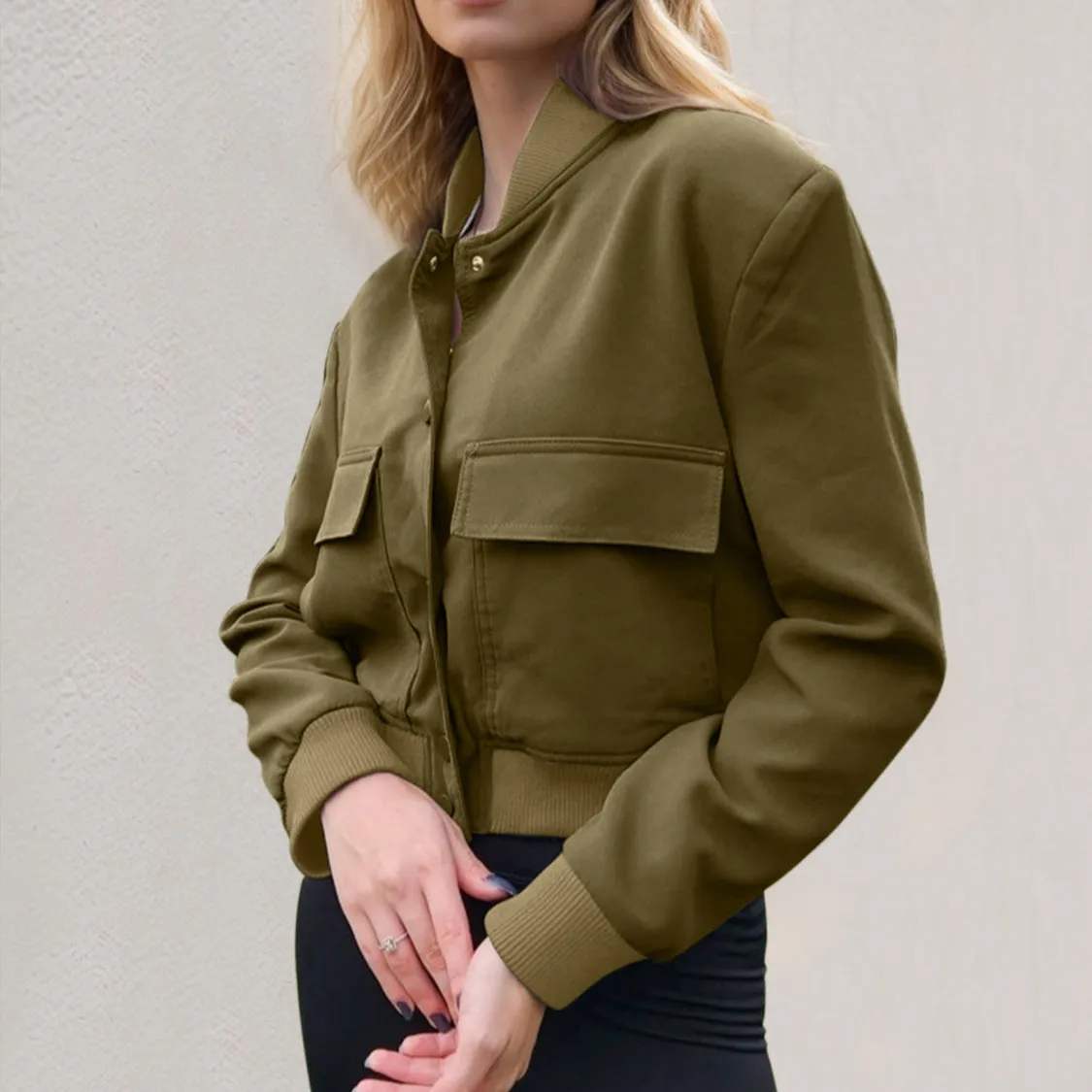 Pocketed Snap Down Baseball Collar Jacket