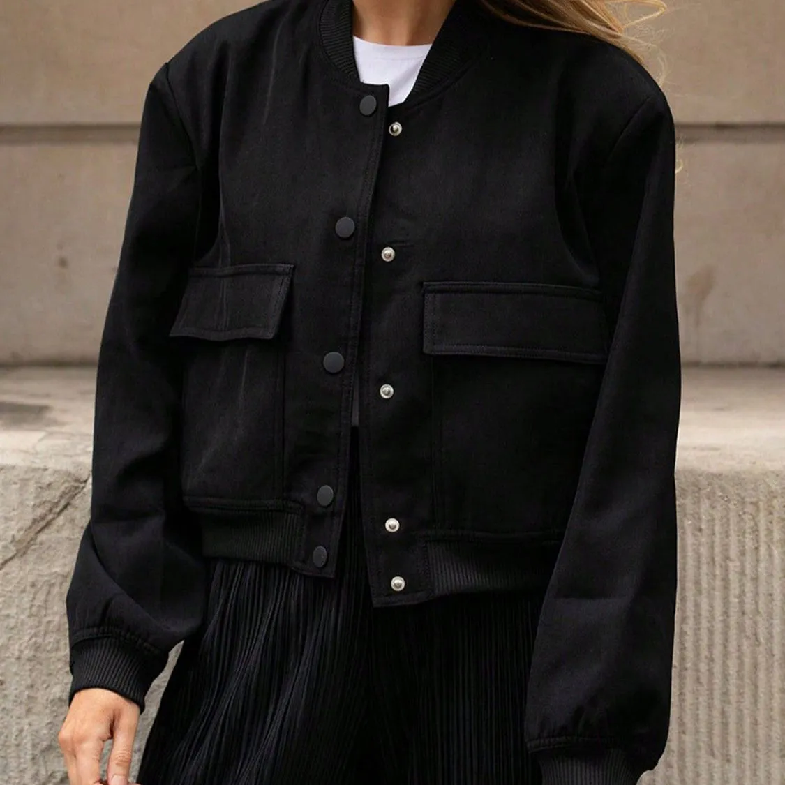 Pocketed Snap Down Baseball Collar Jacket