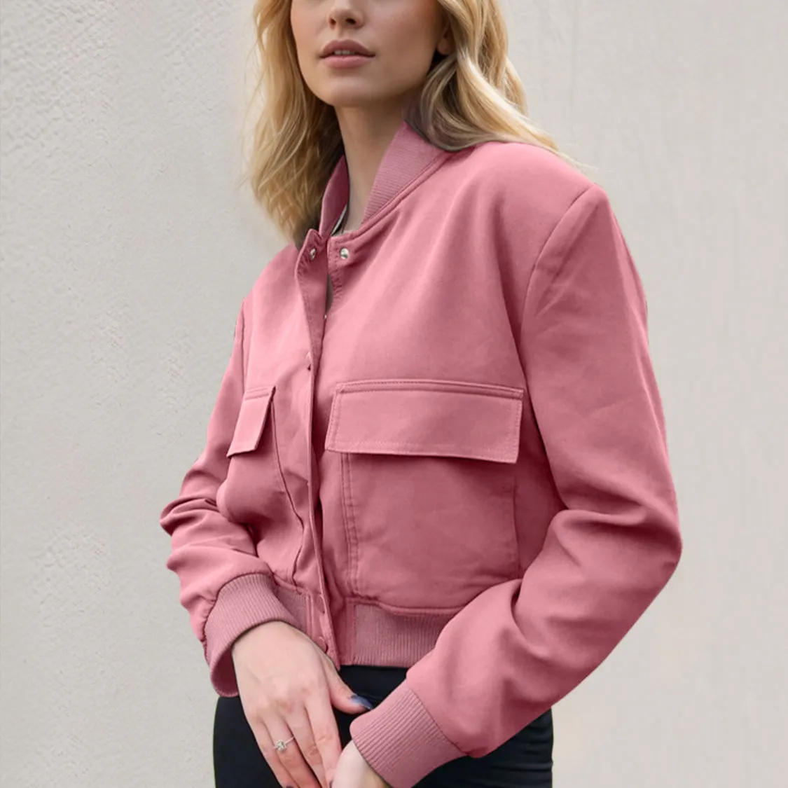 Pocketed Snap Down Baseball Collar Jacket