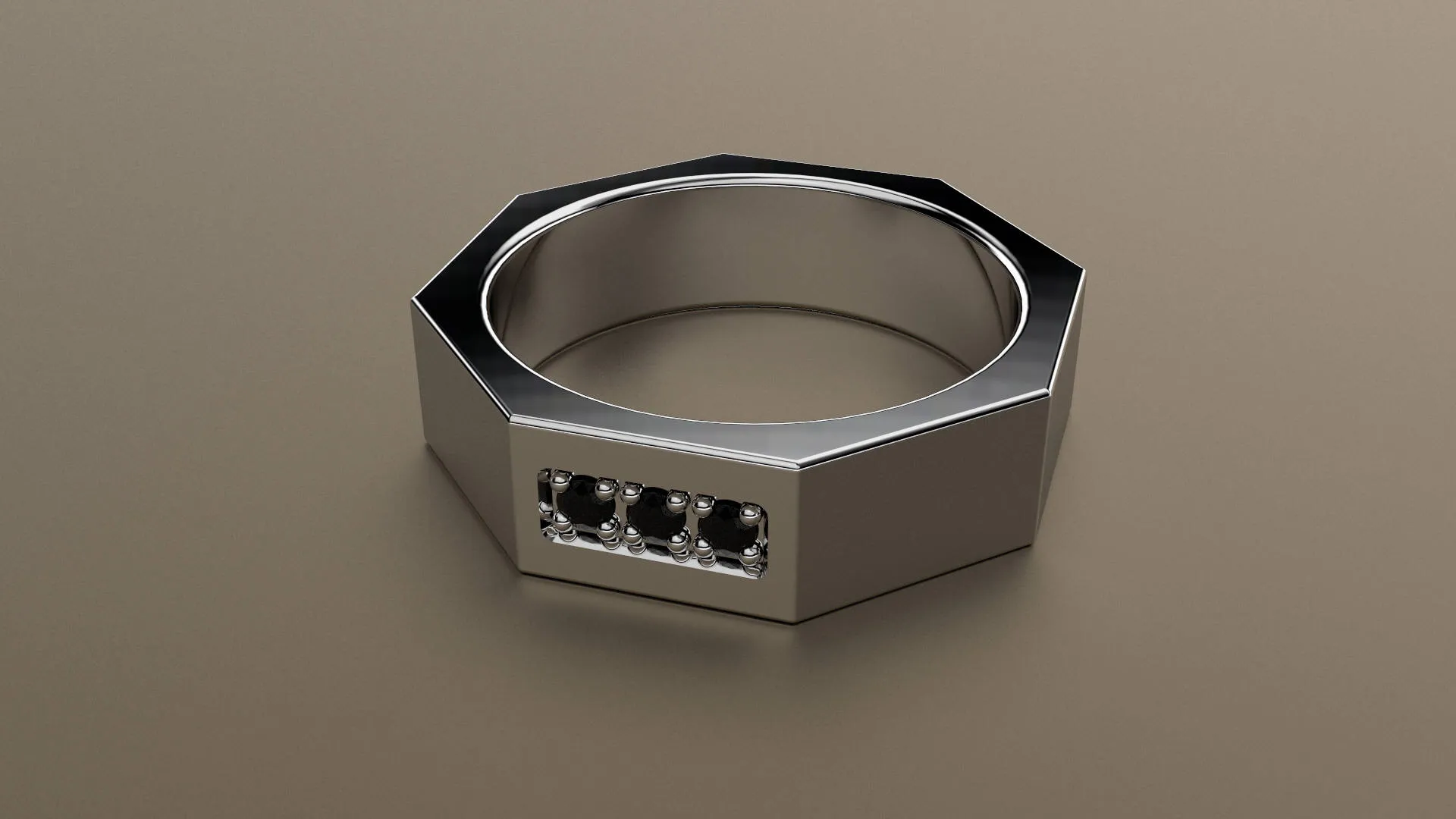 Polished White Gold Black Diamond 6mm Octagon Wedding Band