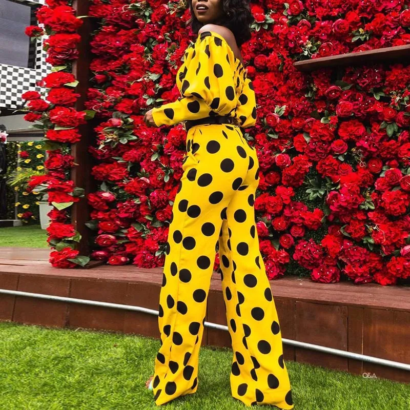 Polka Dot Lantern Sleeve Off Shoulder Wide Leg Jumpsuit