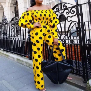 Polka Dot Lantern Sleeve Off Shoulder Wide Leg Jumpsuit