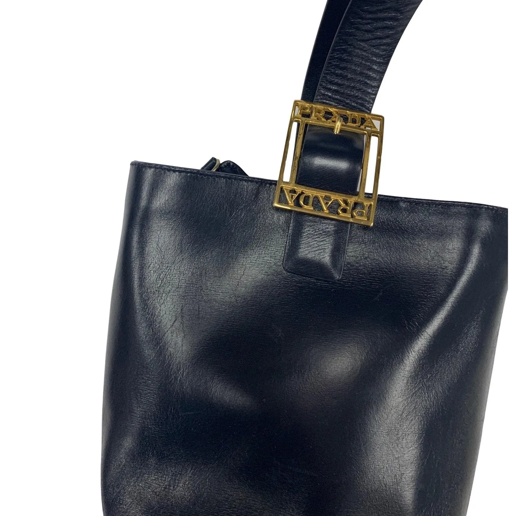 Prada Navy Logo Buckle Top Handle Bag