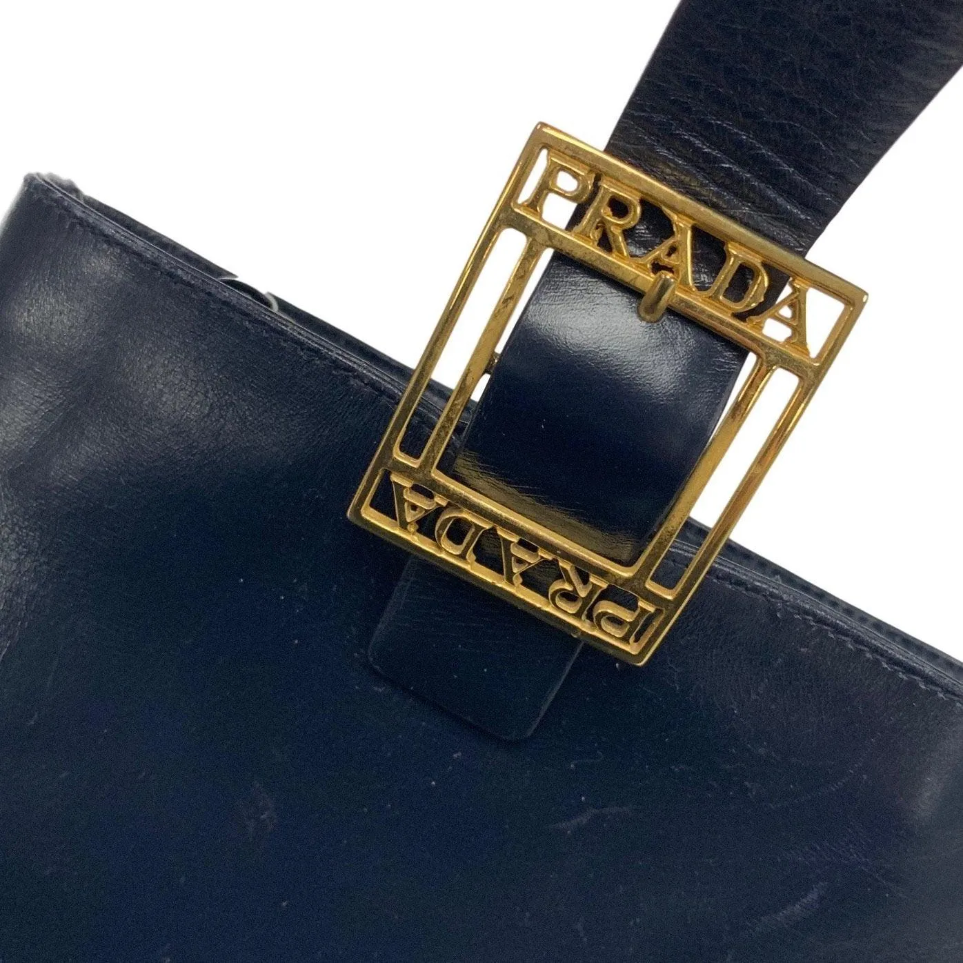 Prada Navy Logo Buckle Top Handle Bag