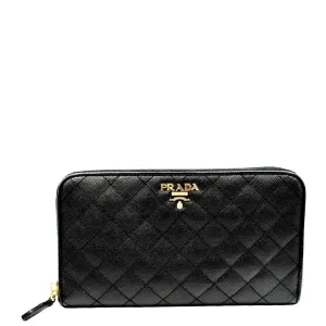 PRADA Zip Around Leather & Nylon Wallet Black